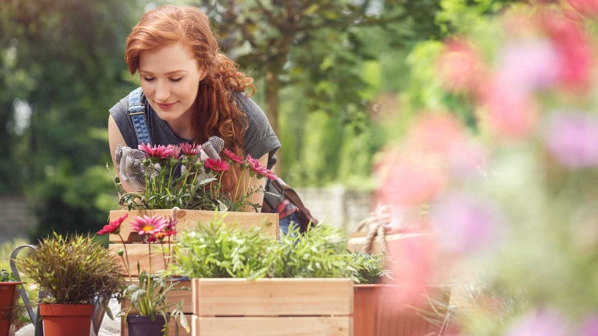 Frau riecht an Blumen im Garten