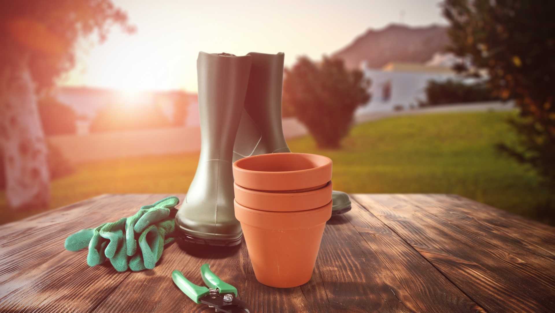 Gartenschuhe mit Blumentöpfen und Gartenzubehör auf einem Tisch im Garten.