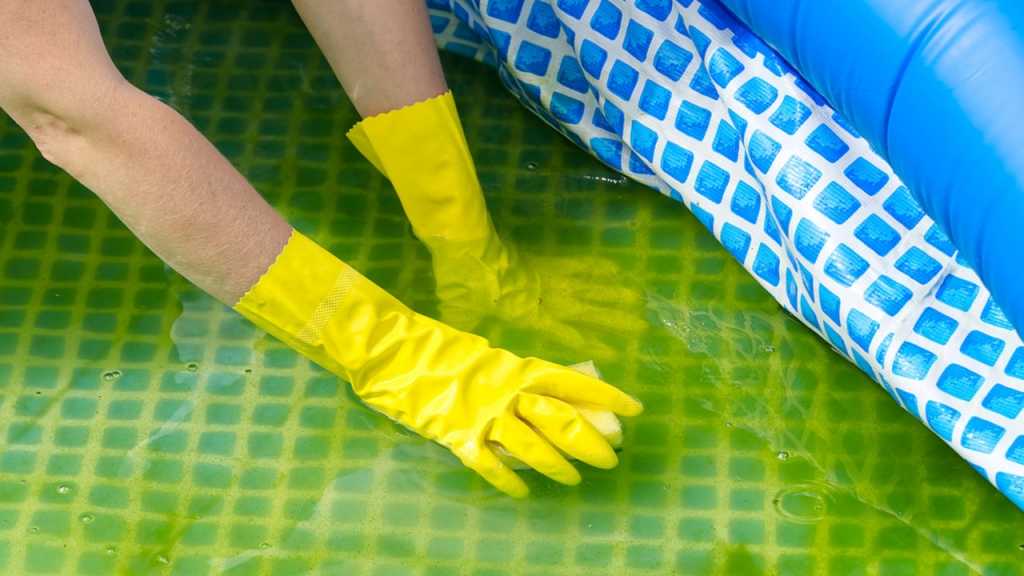 Algen im Pool werden manuell entfernt