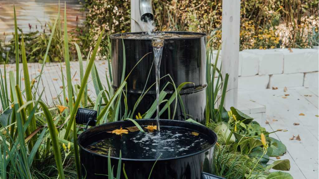 aus Regenrinne fließt Regenwasser in Regenfass