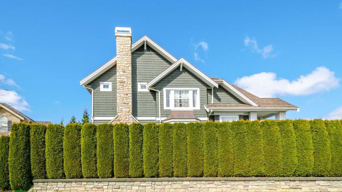 Ein Haus mit einer hohen Hecke als Sichtschutz